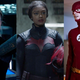 Legends of Tomorrow's Sara Lance, Batwoman's Ryan Wilder, and The Flash's Barry Allen in their respective DC/CW Superhero shows.